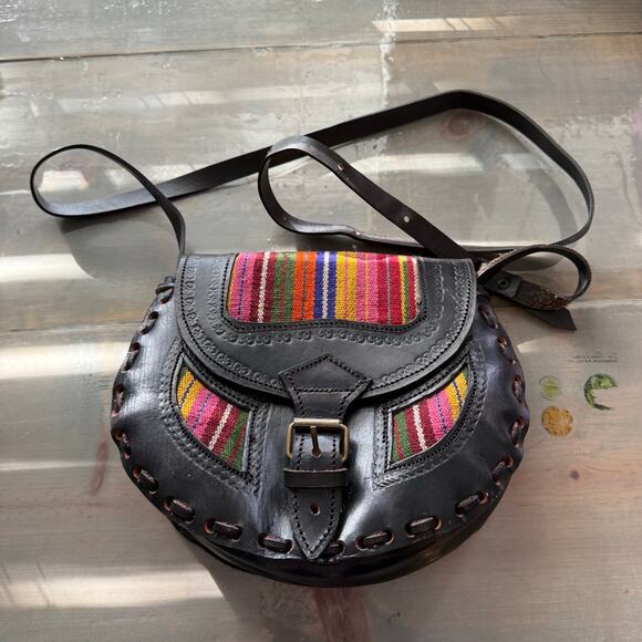 Black Hand Tooled Leather Boho Woven Accent Shoulder Bag - Picture 1 of 11